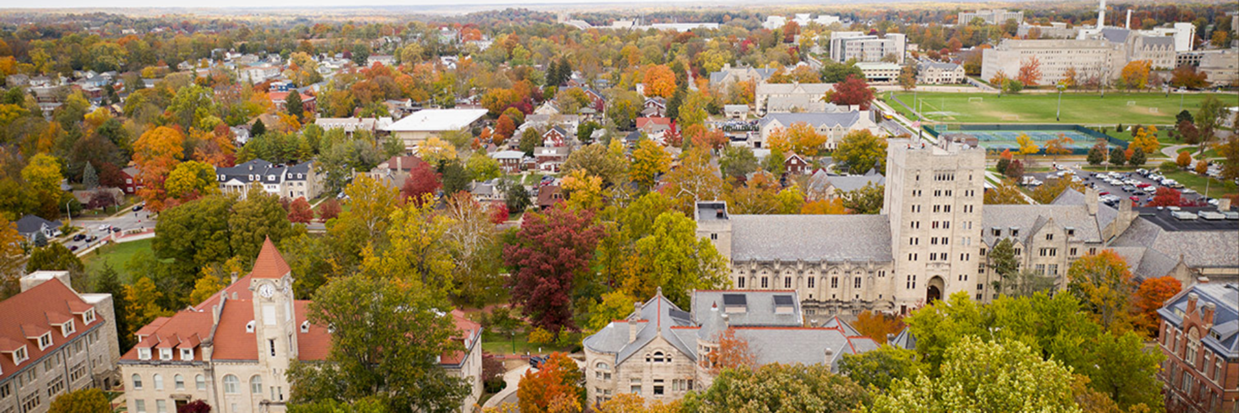 Aerial shot of Indiana University Bloomington's campus in the fall.